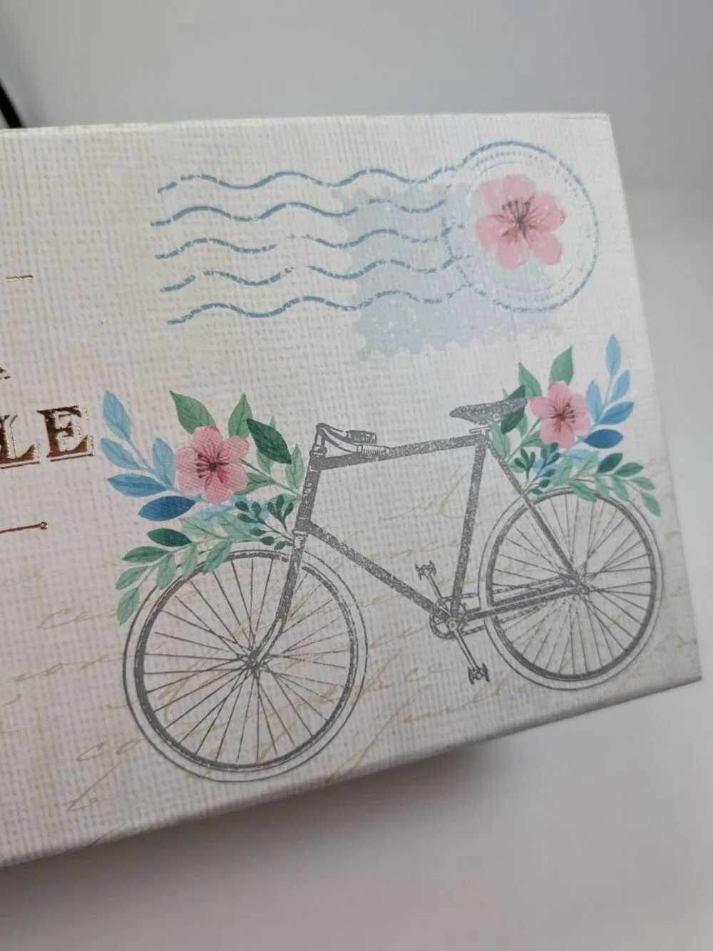Paris France Storage Box Bicycle Gold Metallic Floral Postcard Art Blue